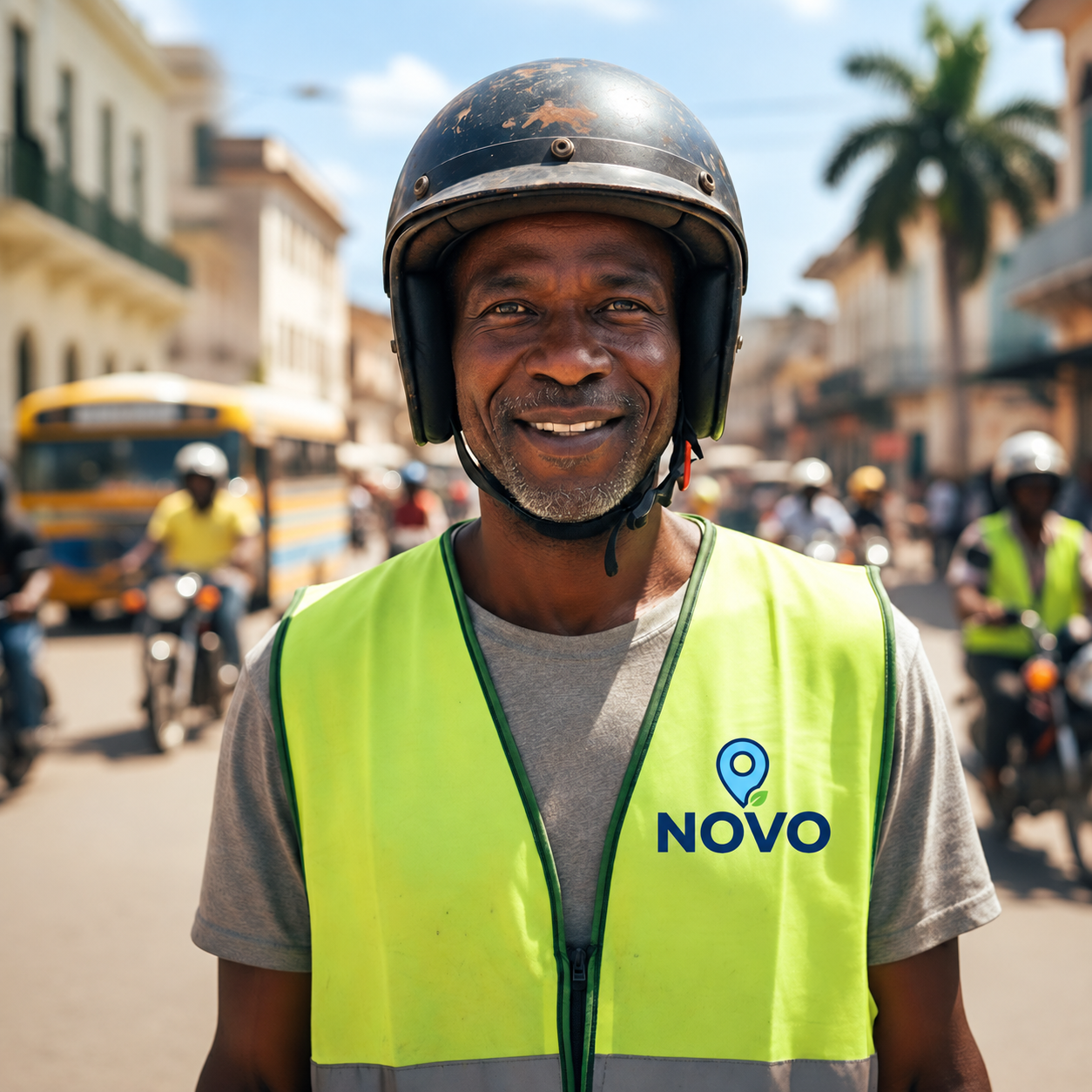 NOVO driver in Haiti wearing a helmet and NOVO safety vest